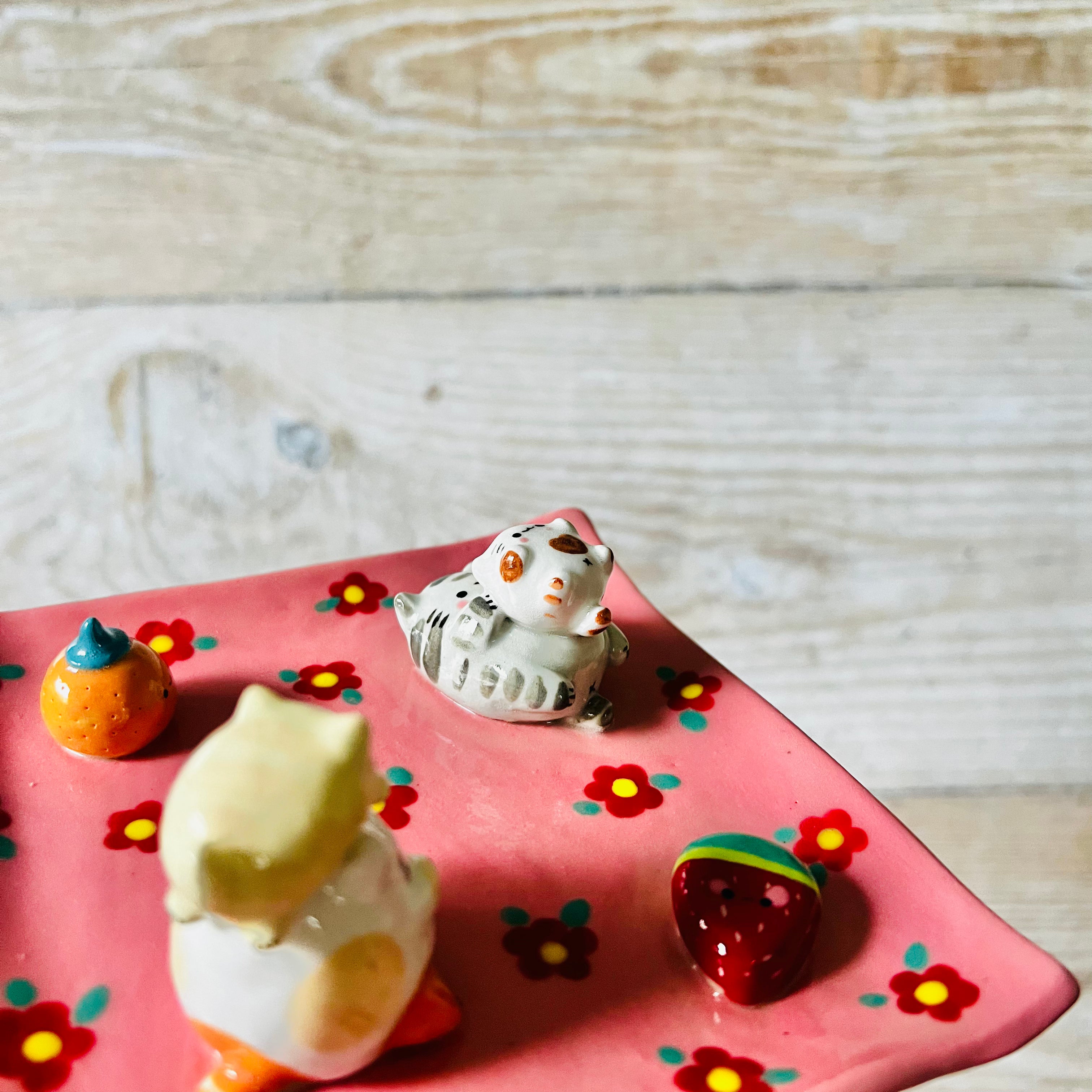 Pink square flowery cats and fruit trinket dish