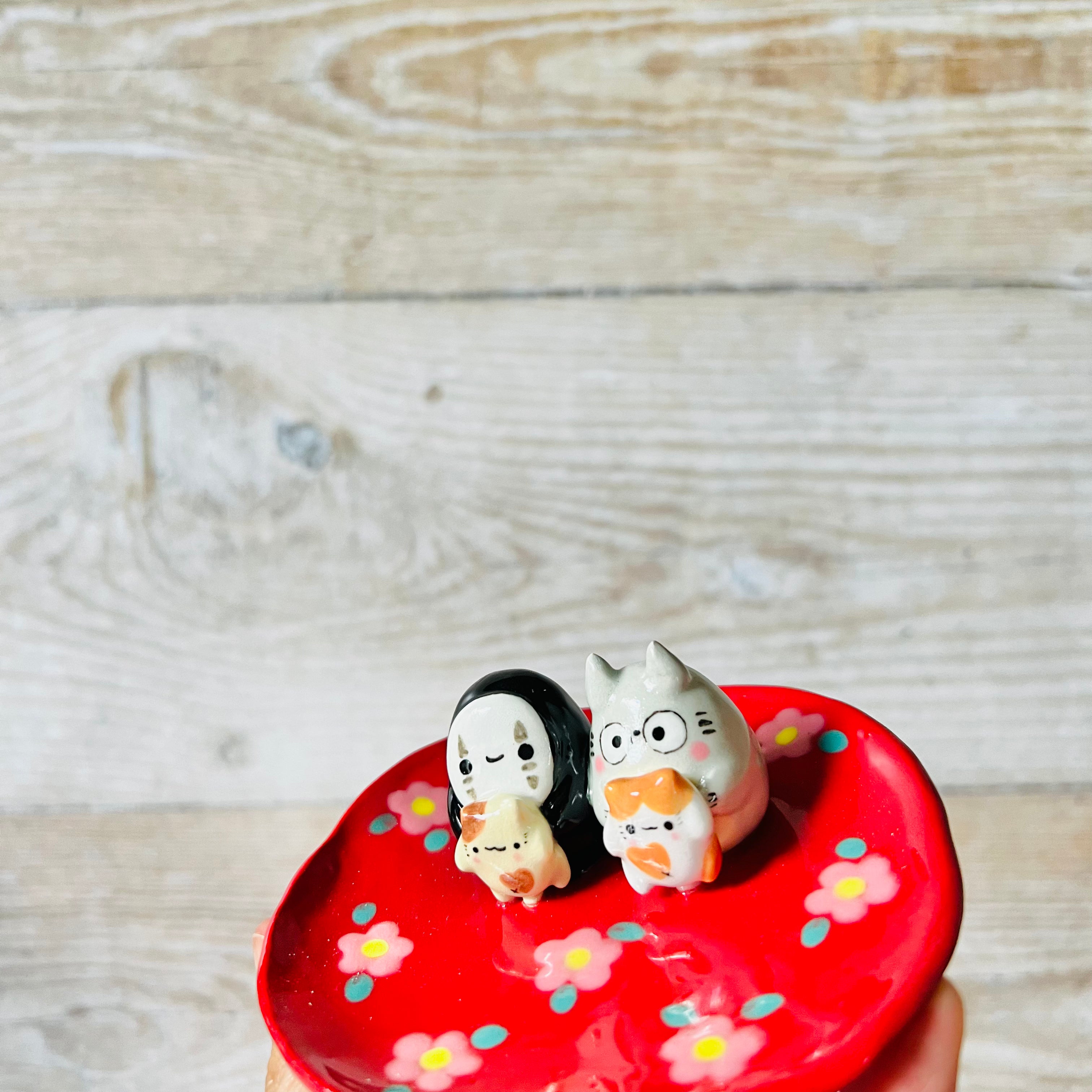 RED Flowery Totoro and No face with cat friends trinket dish