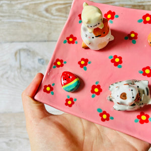 Pink square flowery cats and fruit trinket dish