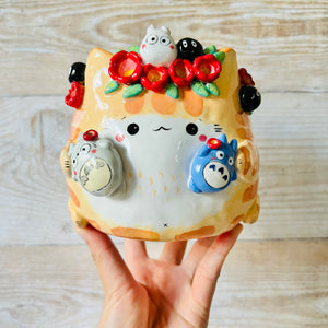 Flower crown Ginger cat pot with Totoro Friends