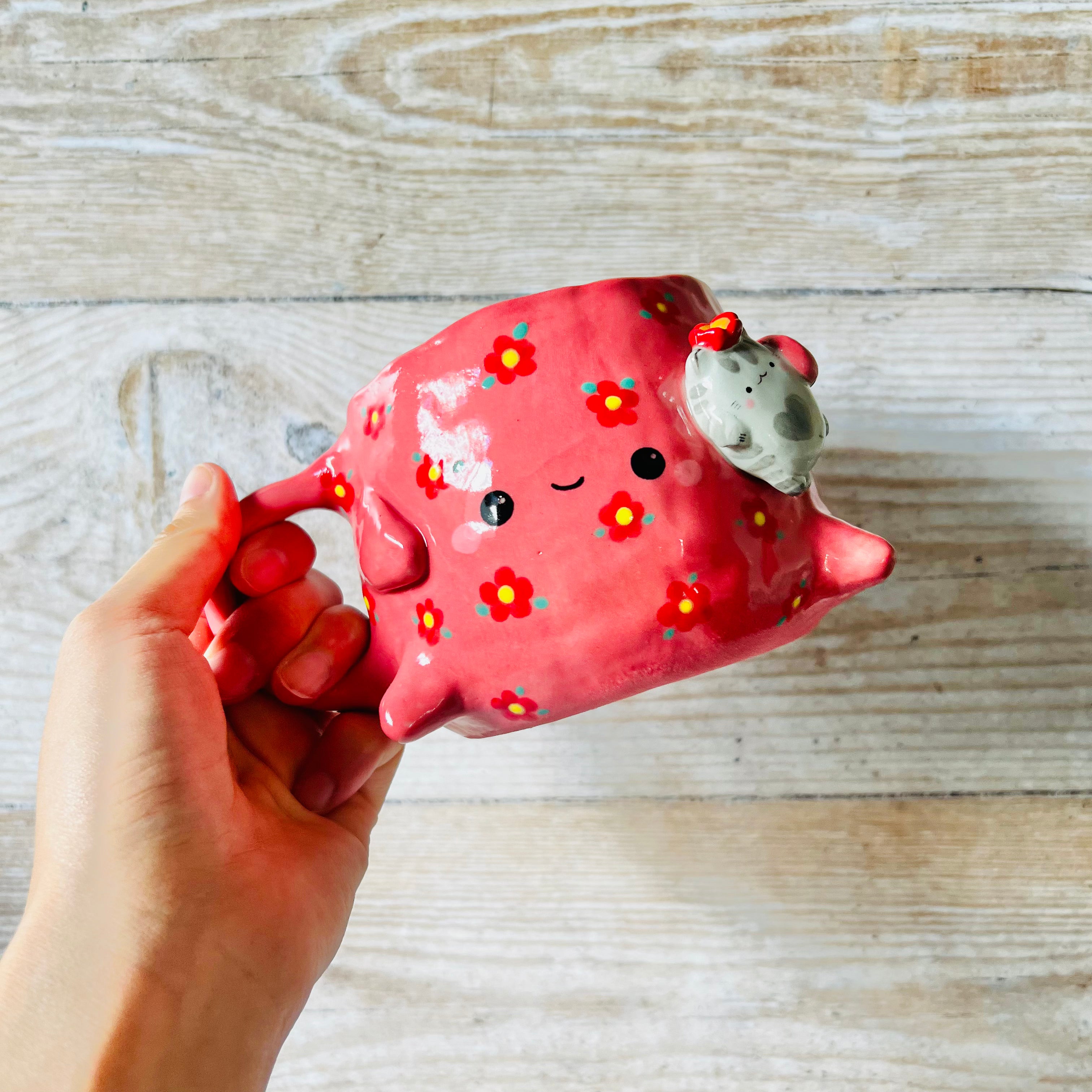 BIG Flowery pink mug/pot with Grey Cat friend