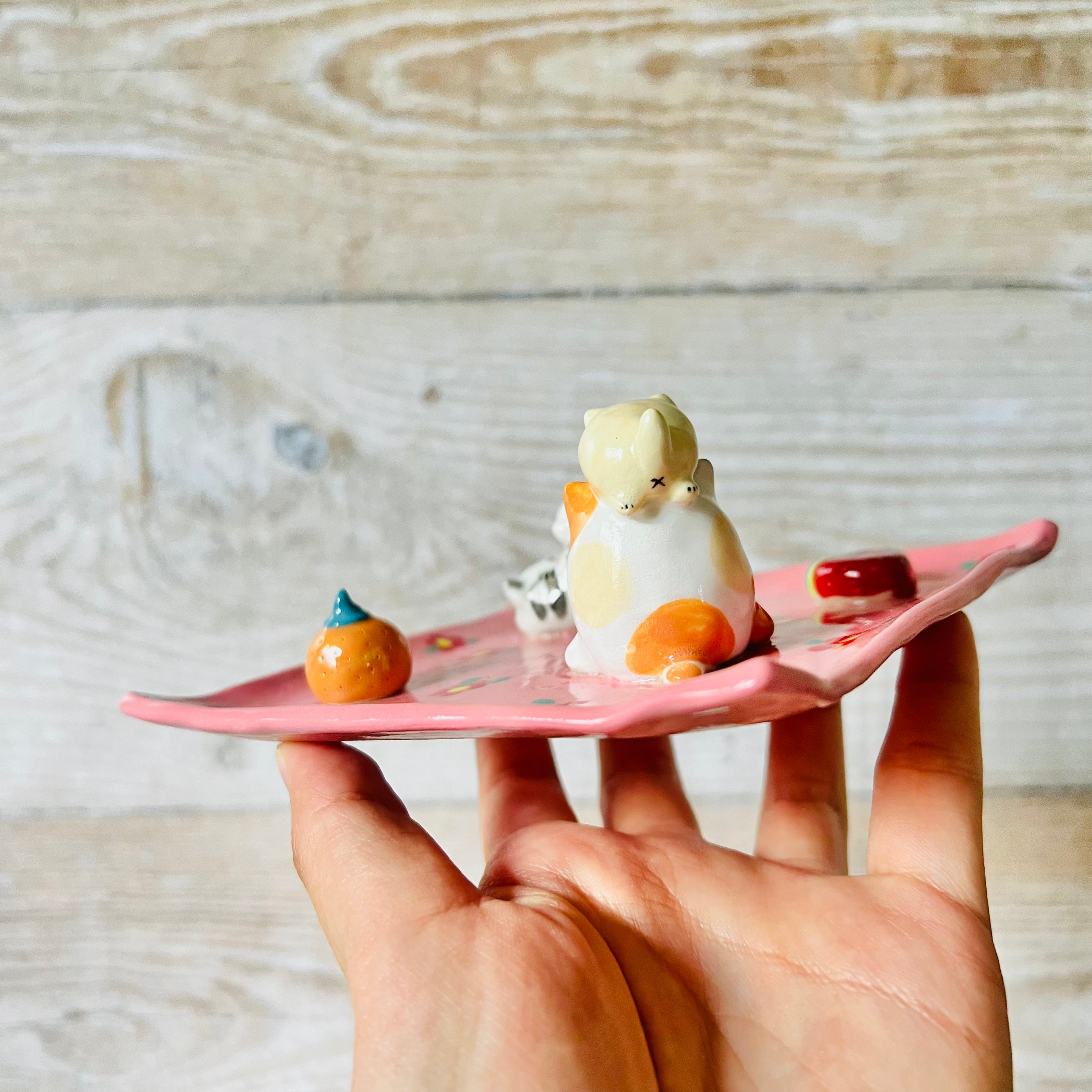 Pink square flowery cats and fruit trinket dish