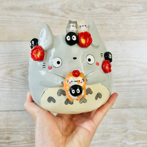 Totoro Pot with cat and soot sprite friends