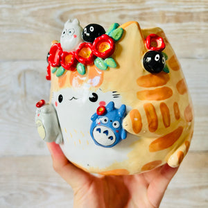 Flower crown Ginger cat pot with Totoro Friends