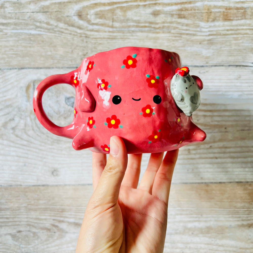BIG Flowery pink mug/pot with Grey Cat friend, photo 1 of 7