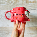 BIG Flowery pink mug/pot with Grey Cat friend