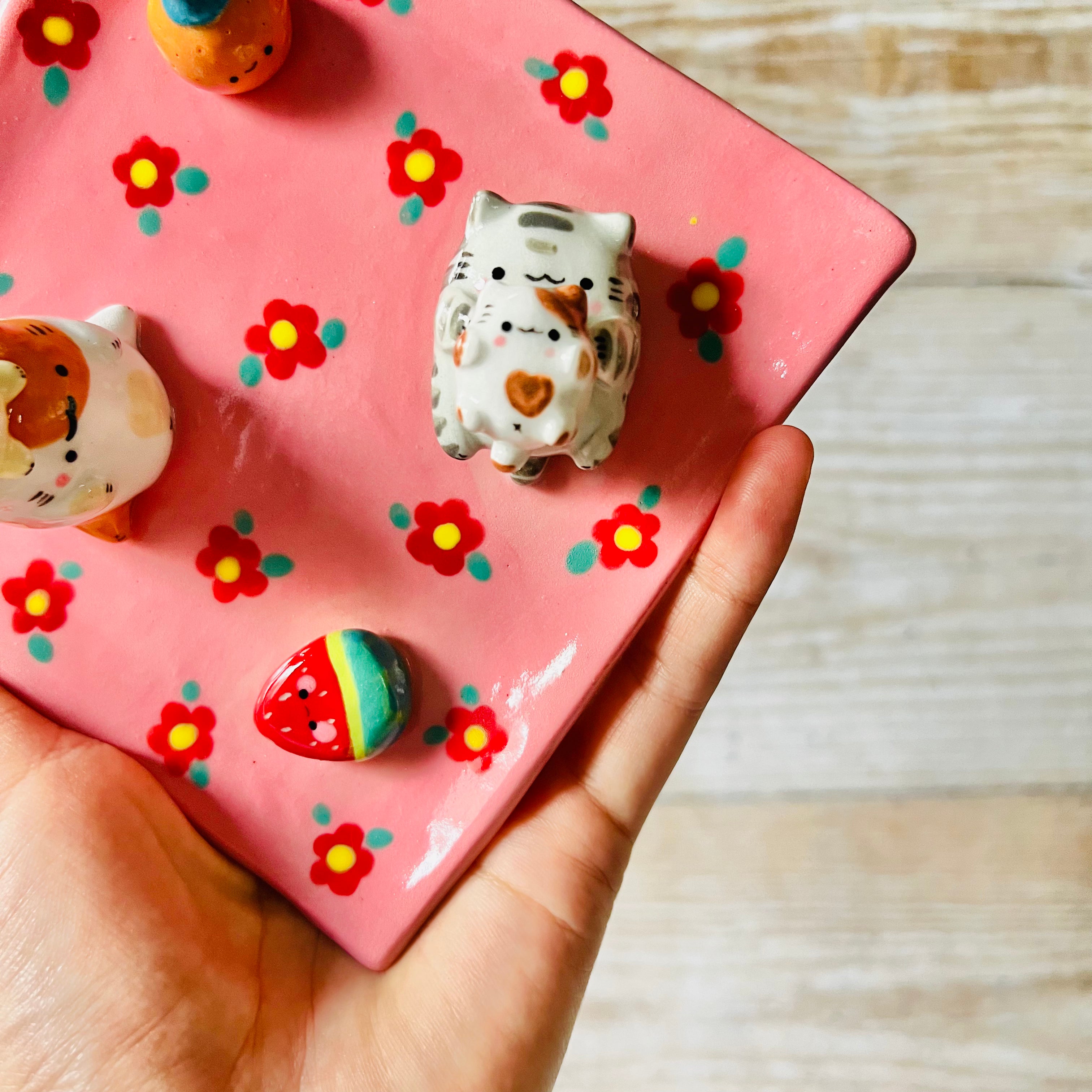 Pink square flowery cats and fruit trinket dish