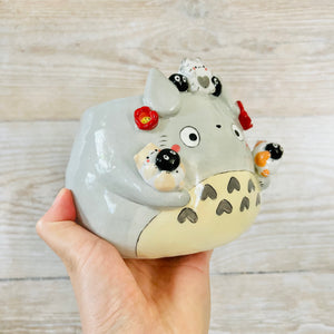 Totoro pot with Cat and soot sprite friends