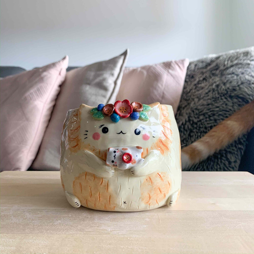 Flower crown Ginger Cat mama with Cat baby, photo 1 of 5