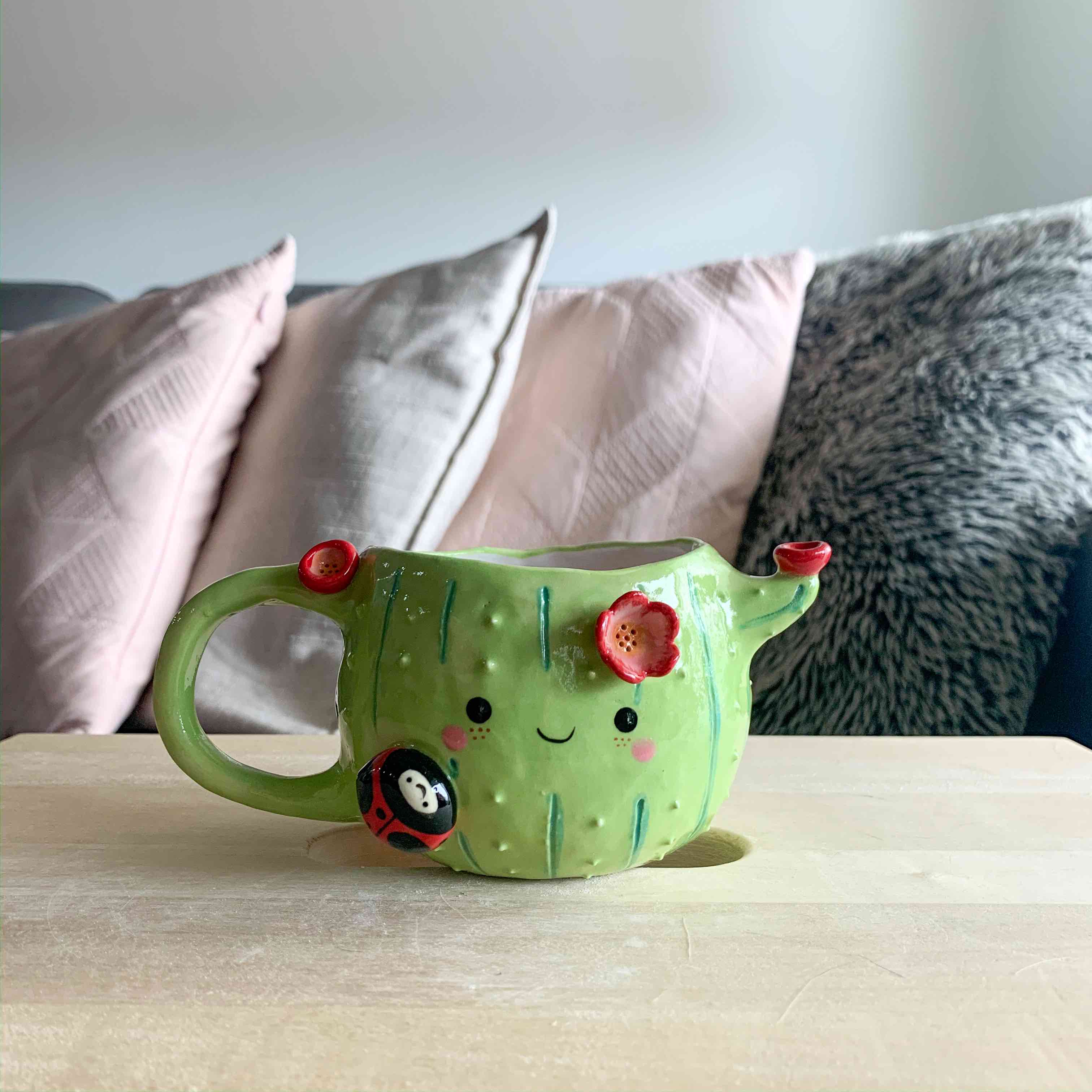 Flowery Cactus Mug with Ladybug Friend - Approx 250ml