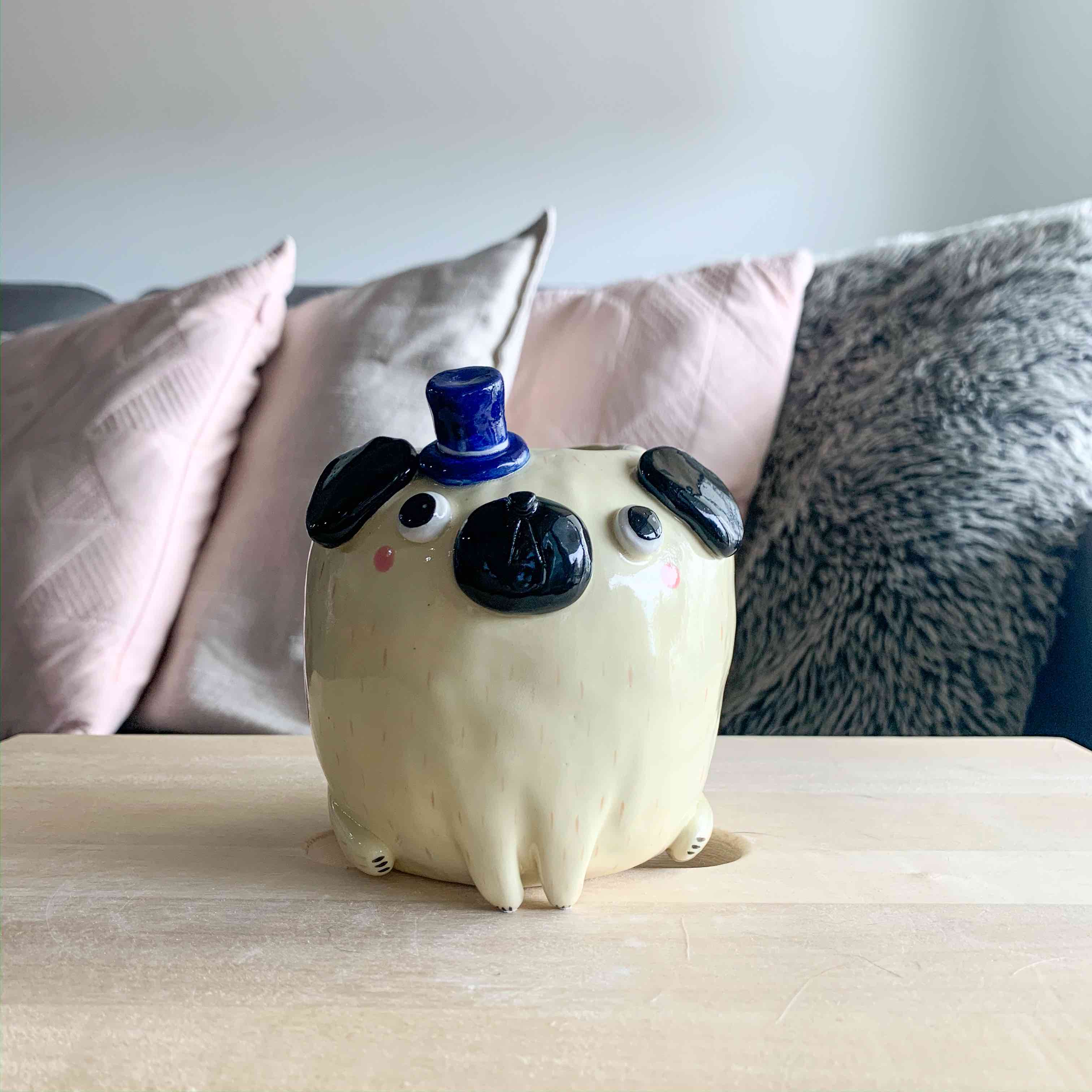 Large Mr. Puggo with Fancy Top Hat Vase / Pen Holder