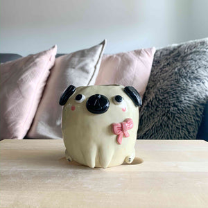 Large Mrs. Puggo with Pink Bow Vase / Pen Holder