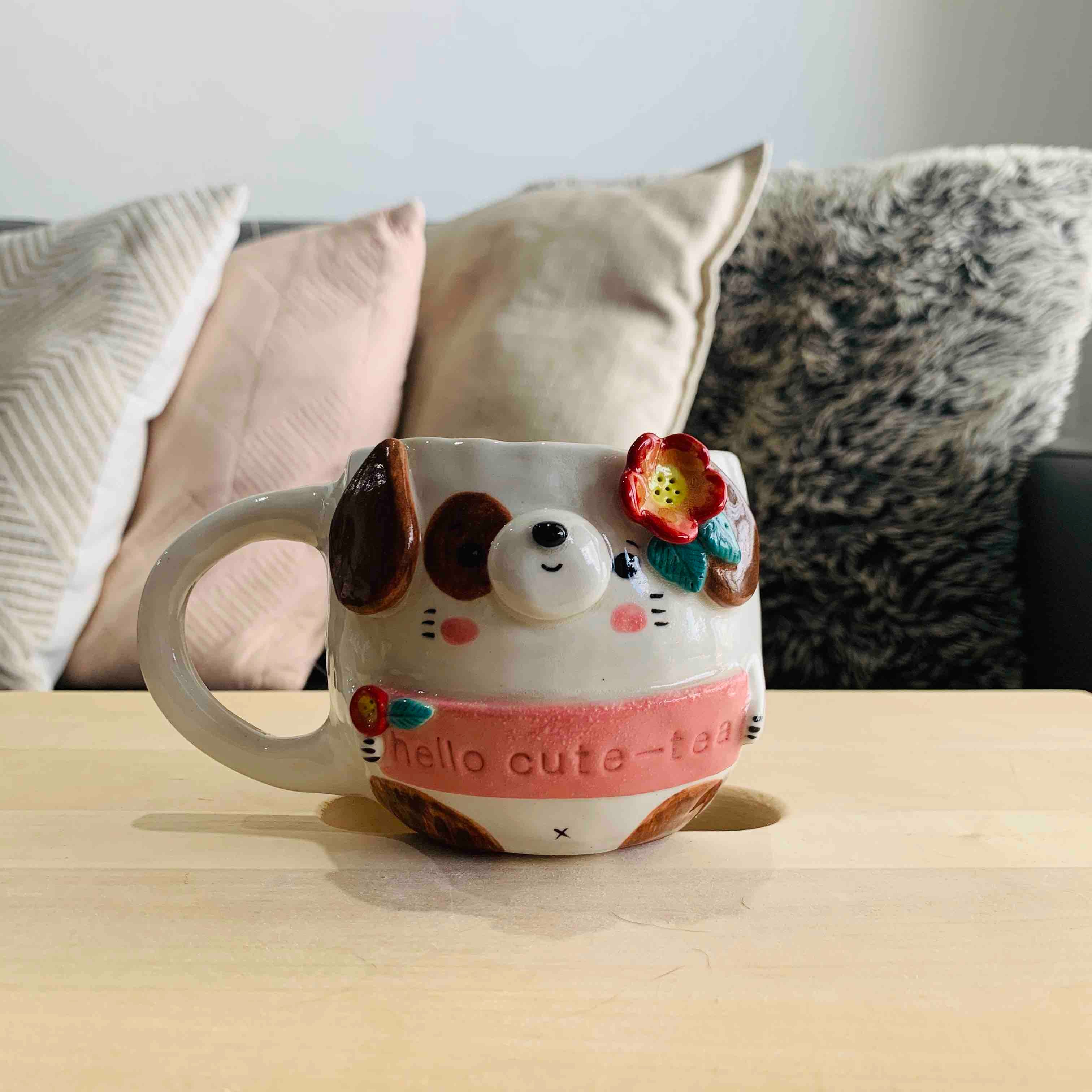 "Hello Cute-Tea" Spotty Doggo Tea Pun Mug - Approx 300-350ml