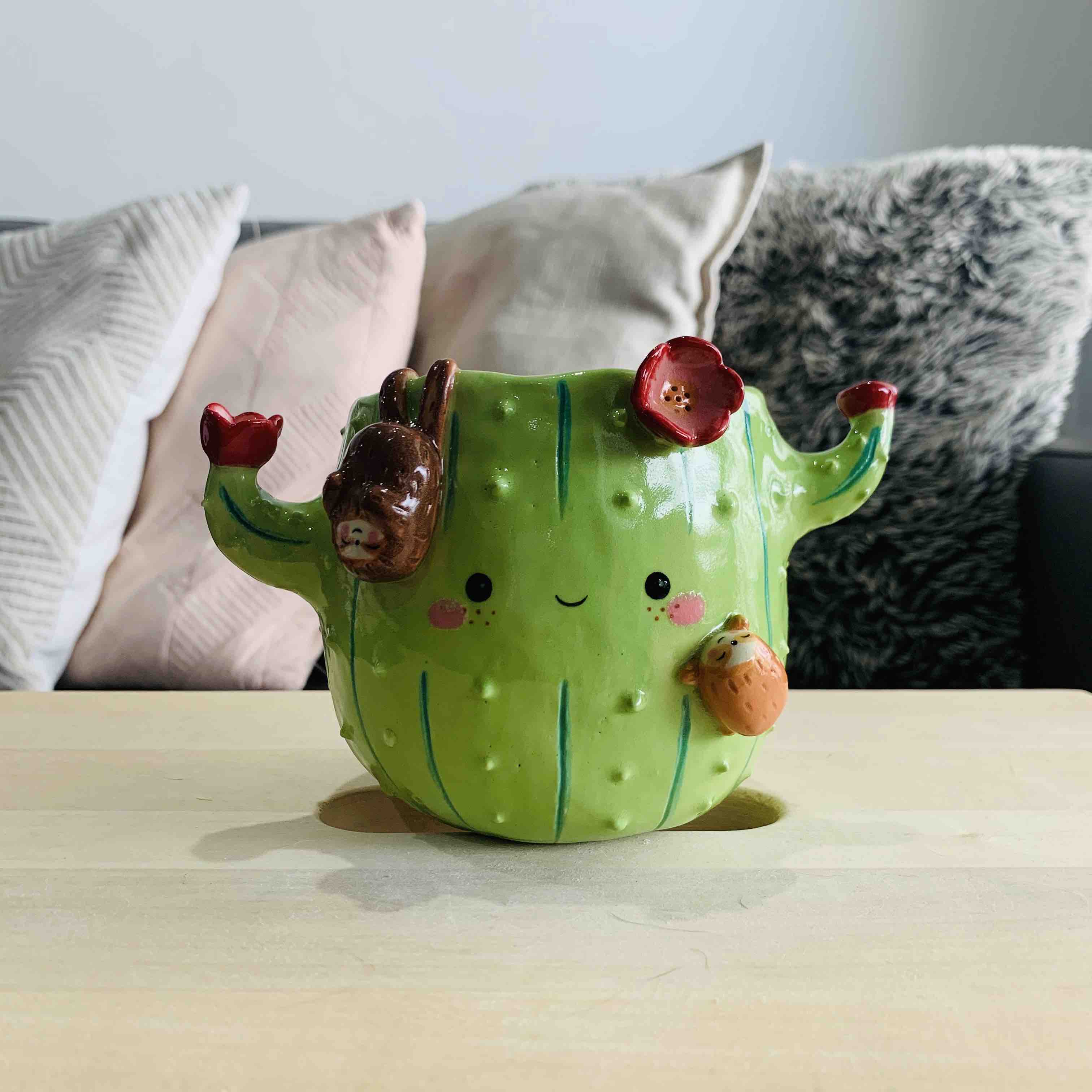 Flowery Cactus Pot with Sloth Friends