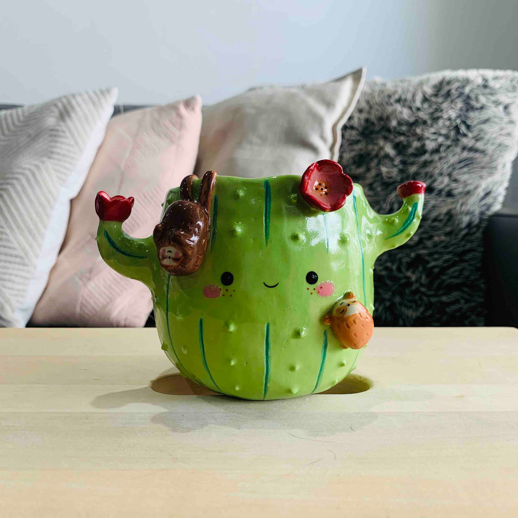 Flowery Cactus Pot with Sloth Friends