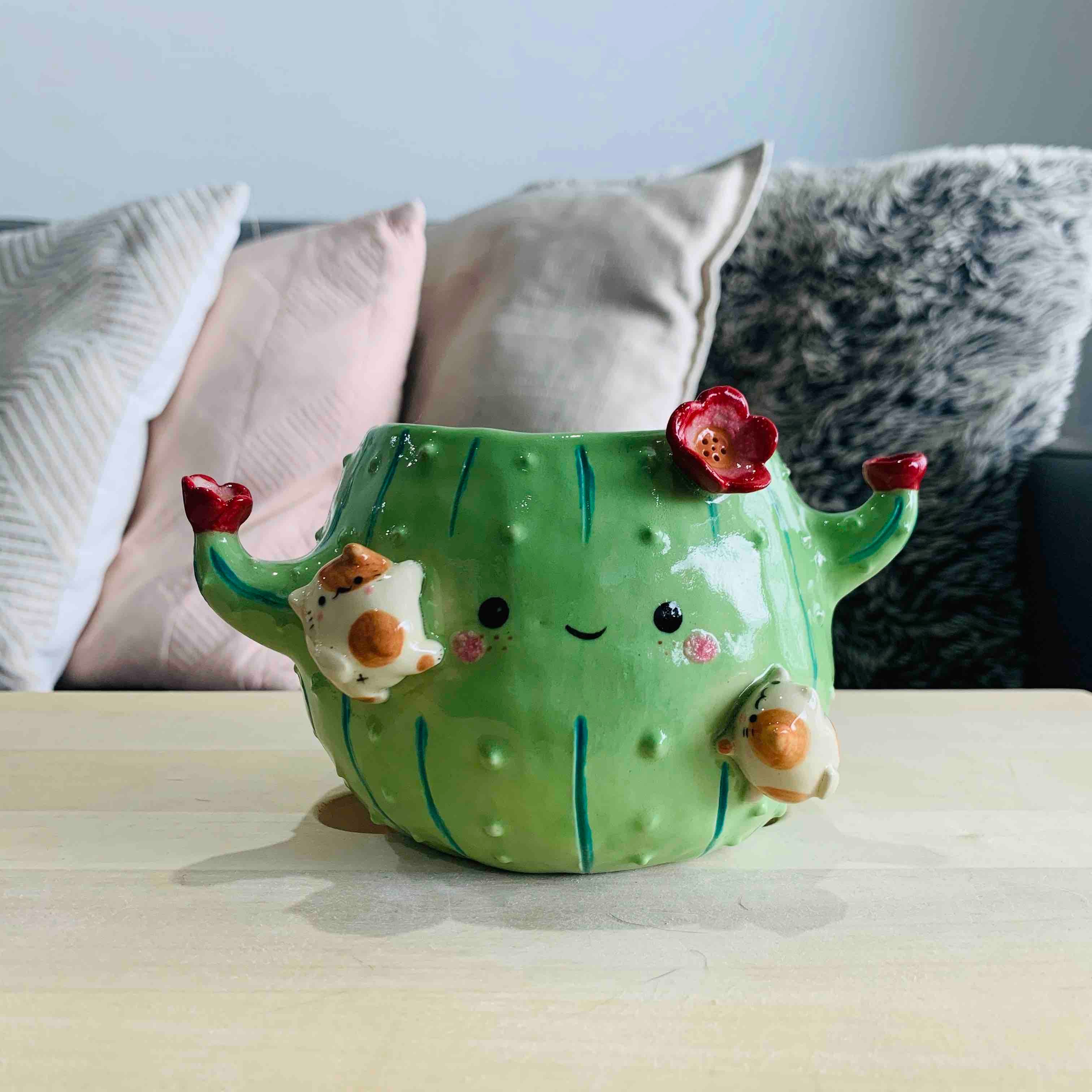 Flowery Cactus Pot with Cat Friends