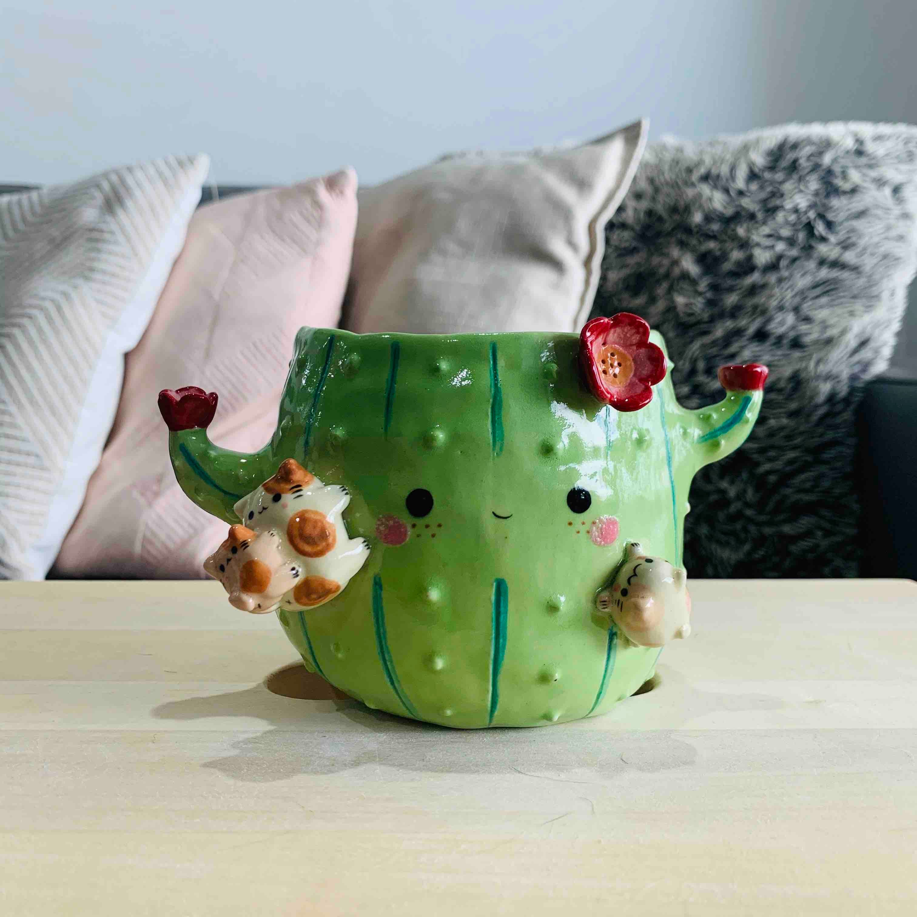 Flowery Cactus Pot with Cat Friends