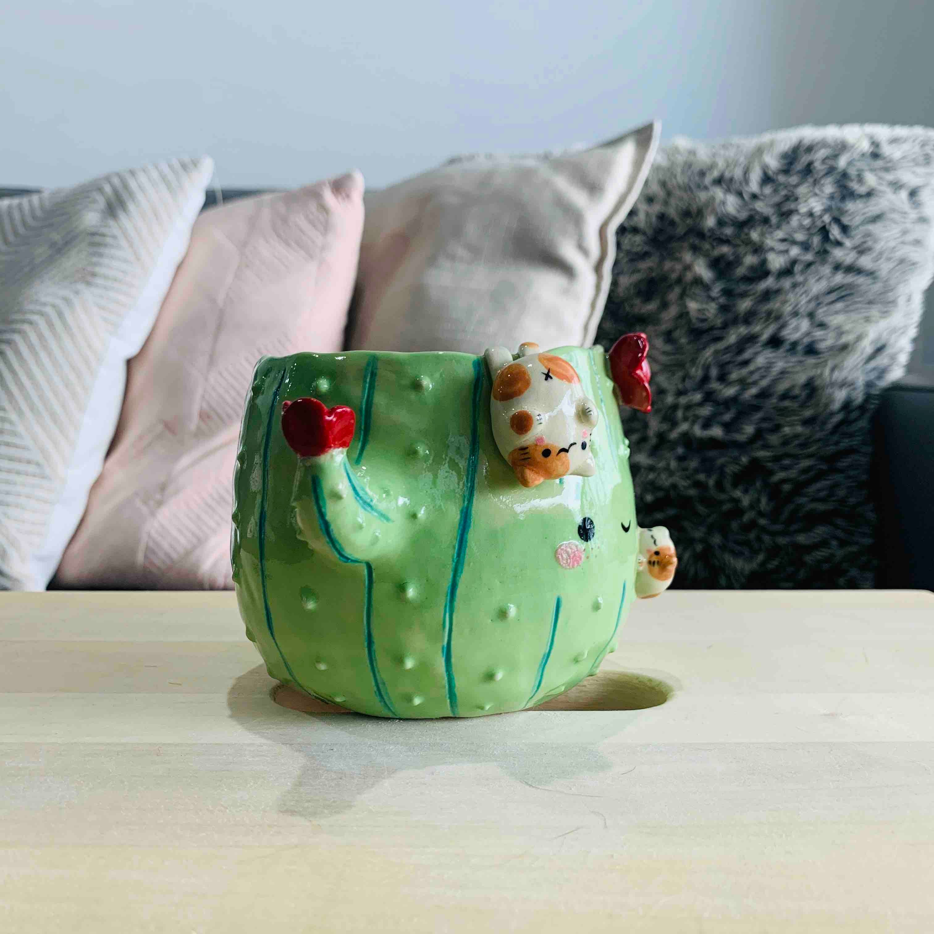 Flowery Cactus Pot with Cat Friends