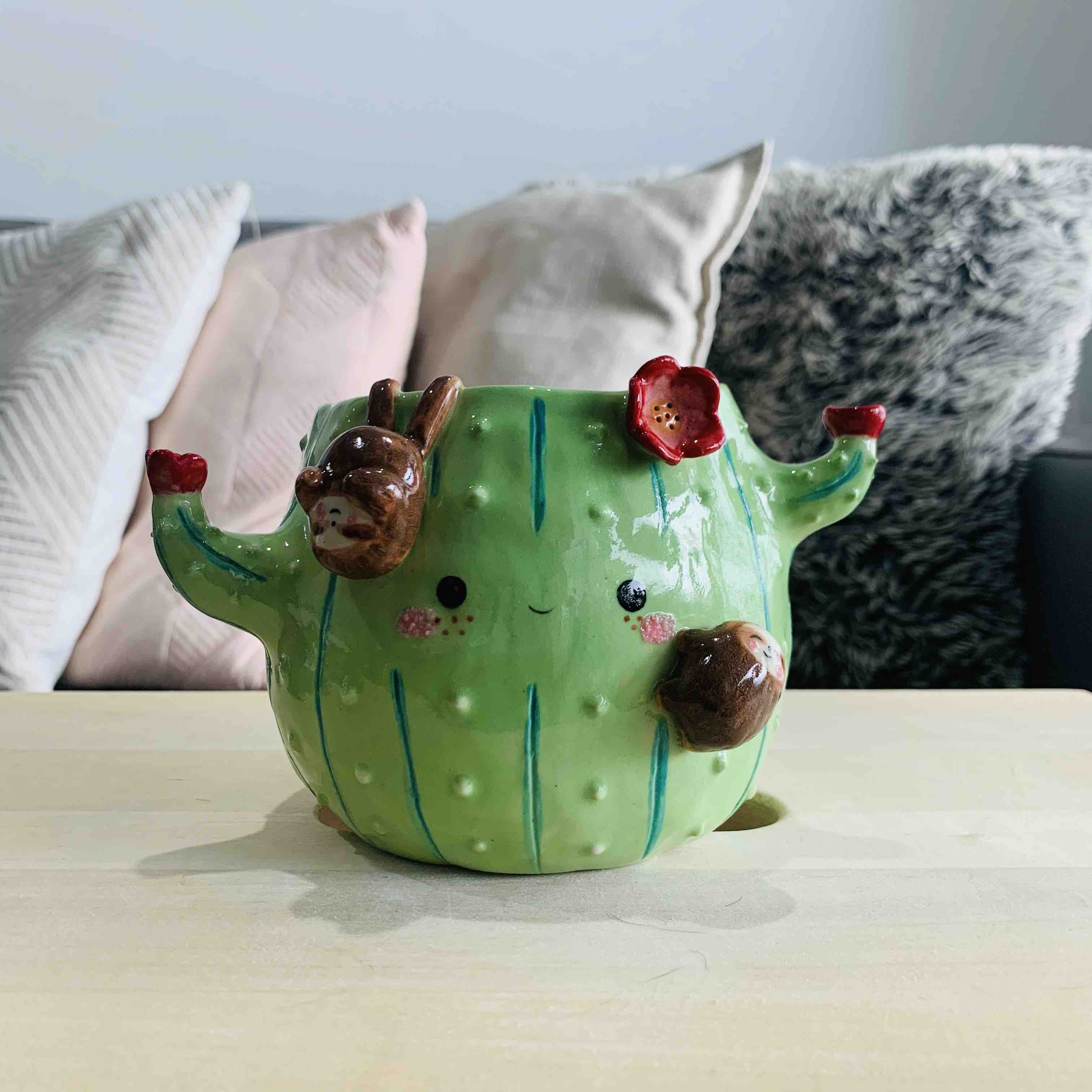 Flowery Cactus Pot with Sloth Friends