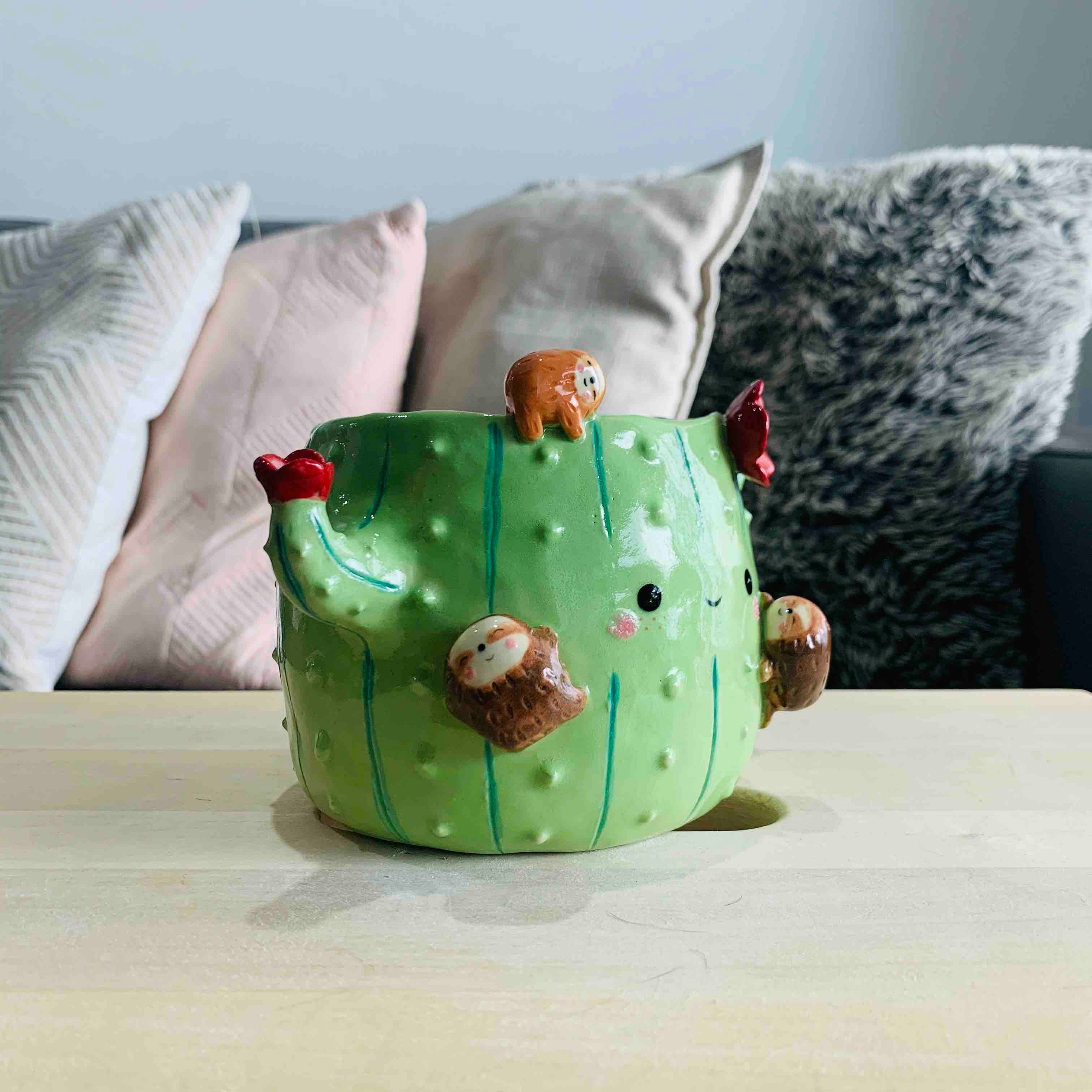 Flowery Cactus Pot with Sloth Friends