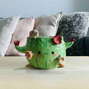 Flowery Cactus Pot with Cat Friends