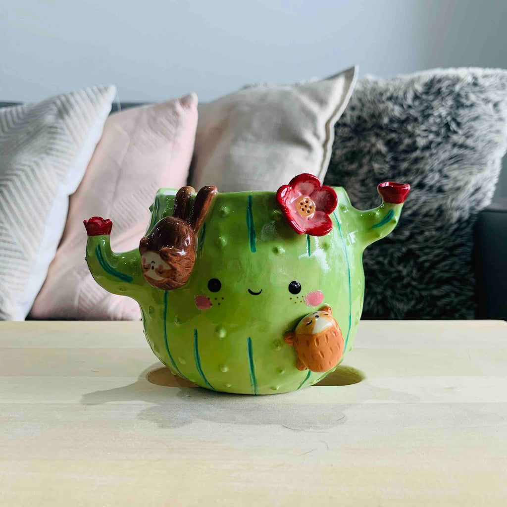 Flowery Cactus Pot with Sloth Friends