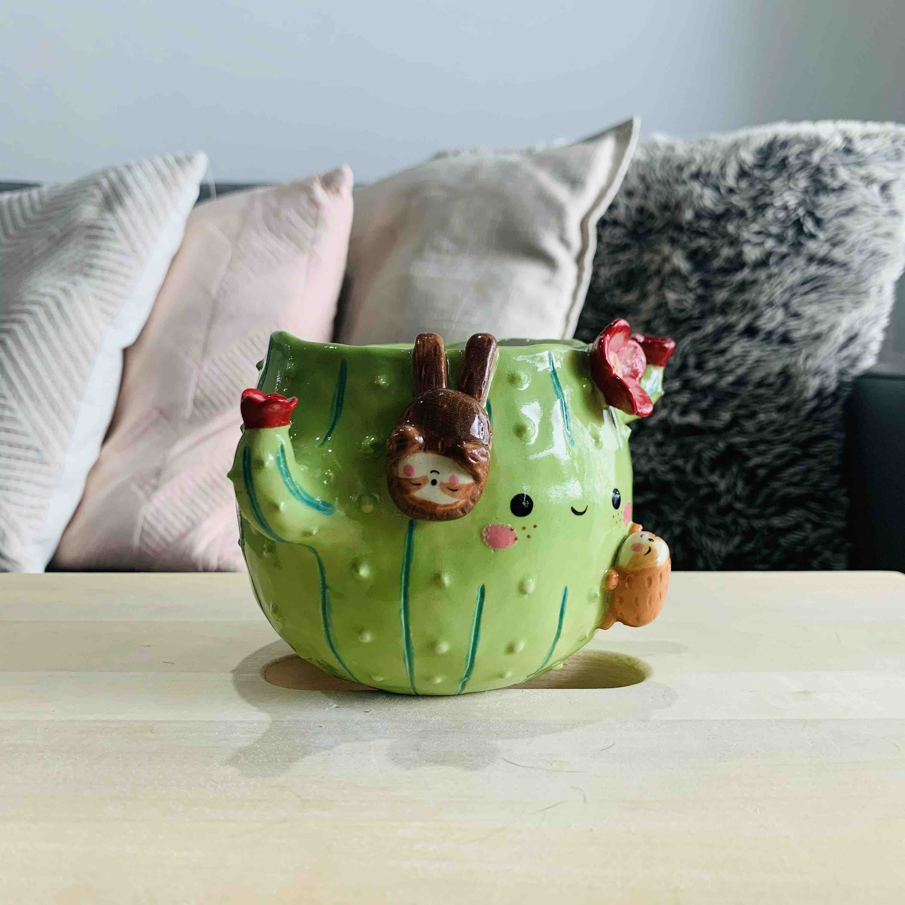 Flowery Cactus Pot with Sloth Friends