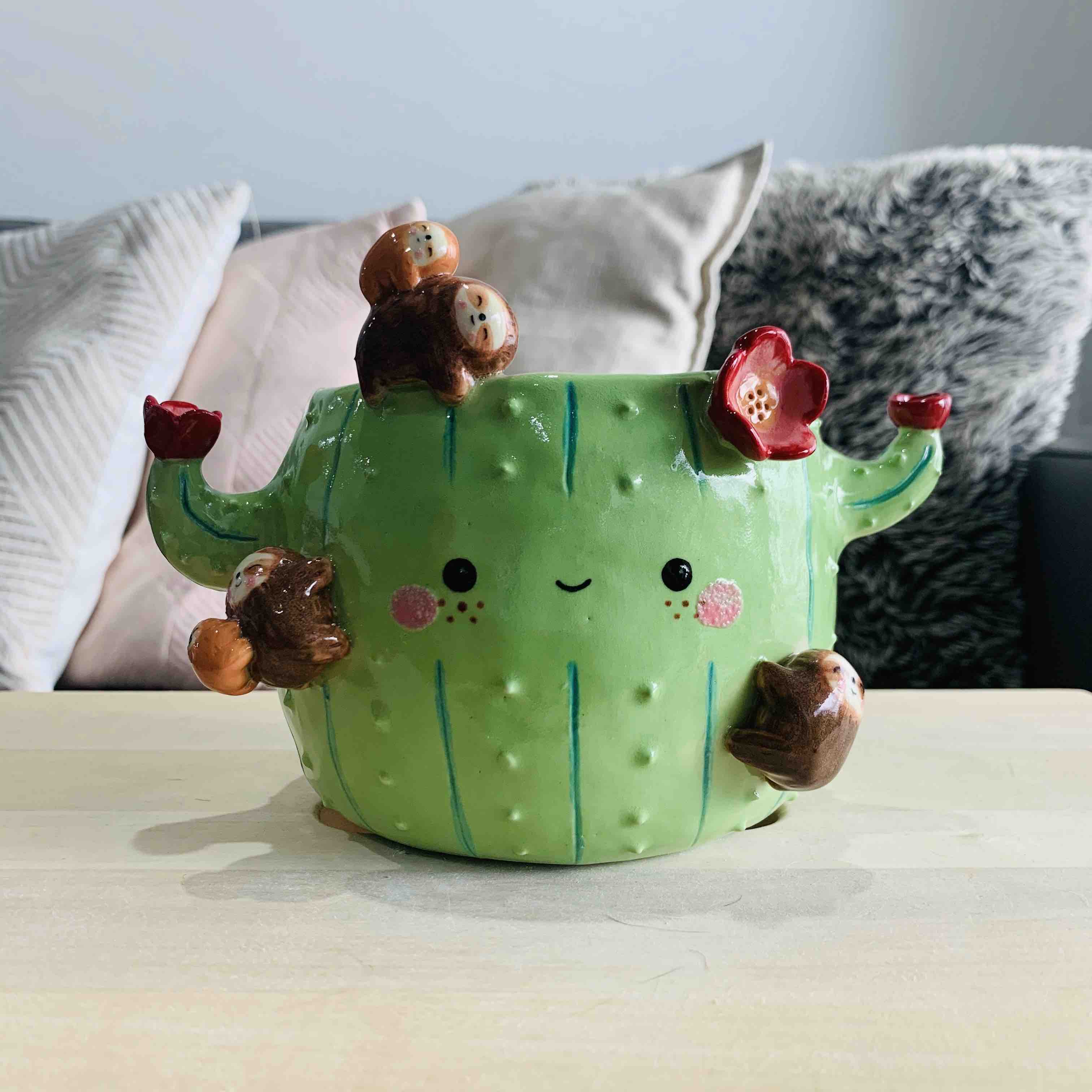 Flowery Cactus Pot with Sloth Friends