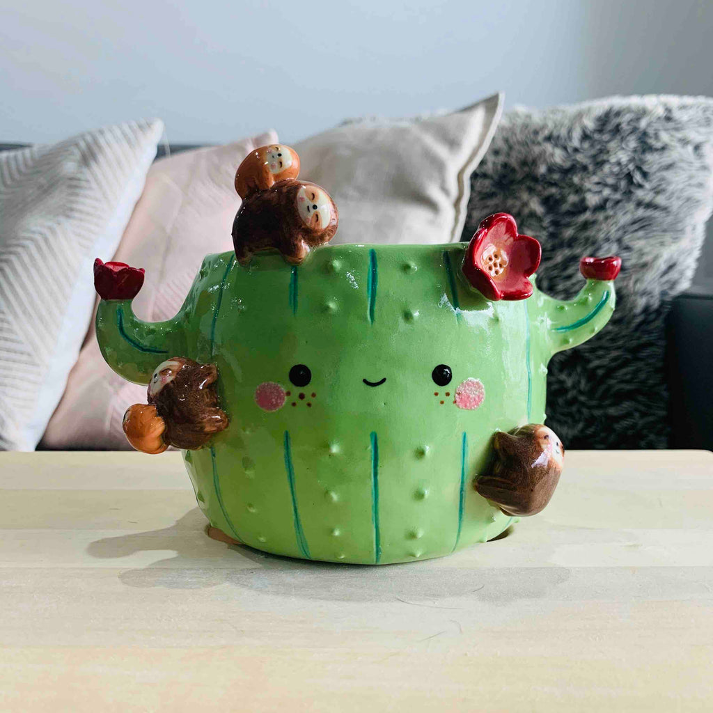 Flowery Cactus Pot with Sloth Friends