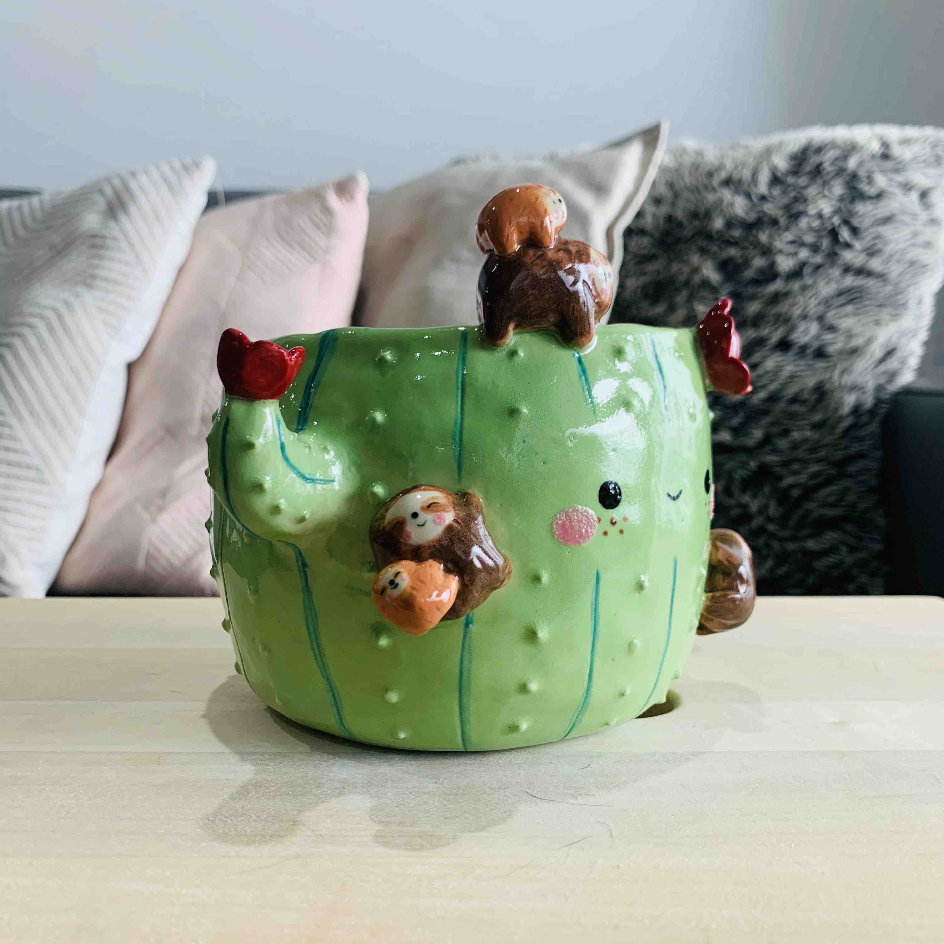 Flowery Cactus Pot with Sloth Friends