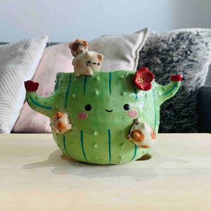 Flowery Cactus Pot with Cat Friends