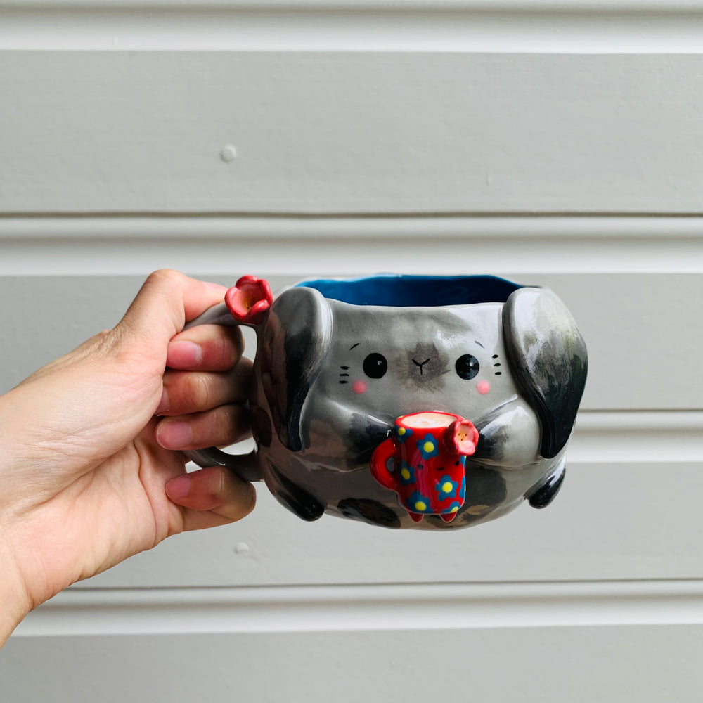 Spotty grey BUNNY coffee pun mug with mug friend, photo 8 of 11