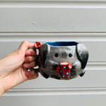 Spotty grey BUNNY coffee pun mug with mug friend