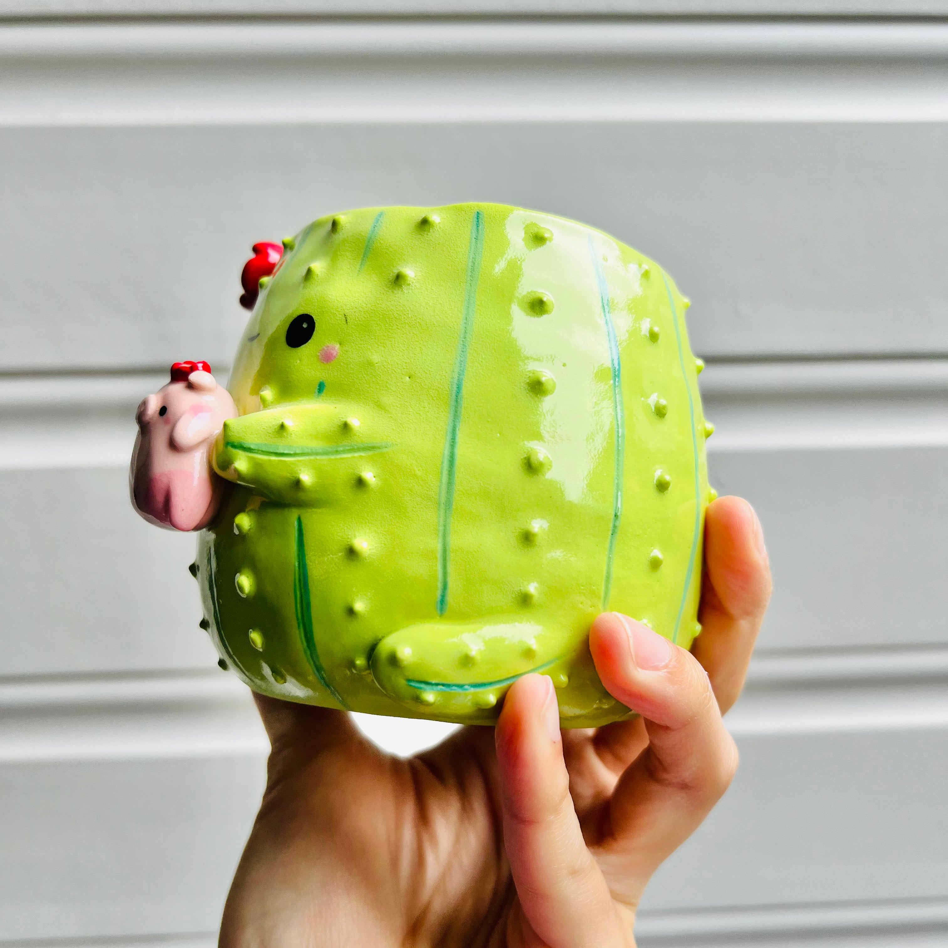 Flowery Cactus pot with pig friend