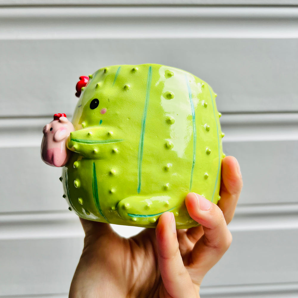 Flowery Cactus pot with pig friend, photo 3 of 6