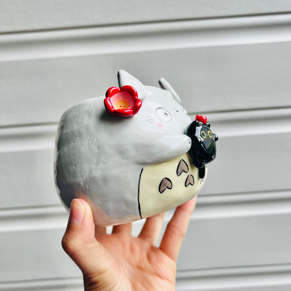 Totoro pot with black cat friend, photo 3 of 6
