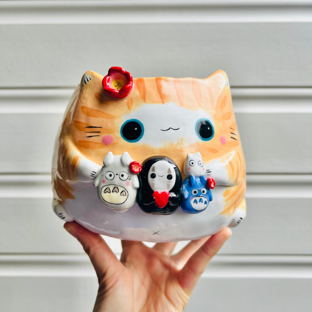 SECONDS* LARGE ginger cat pot with Totoro and No face friends, photo 1 of 7