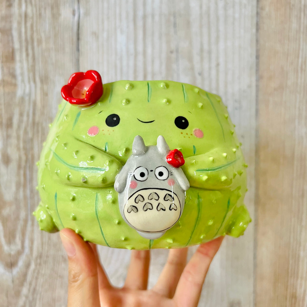 Flowery cactus pot with Totoro friend, photo 1 of 7