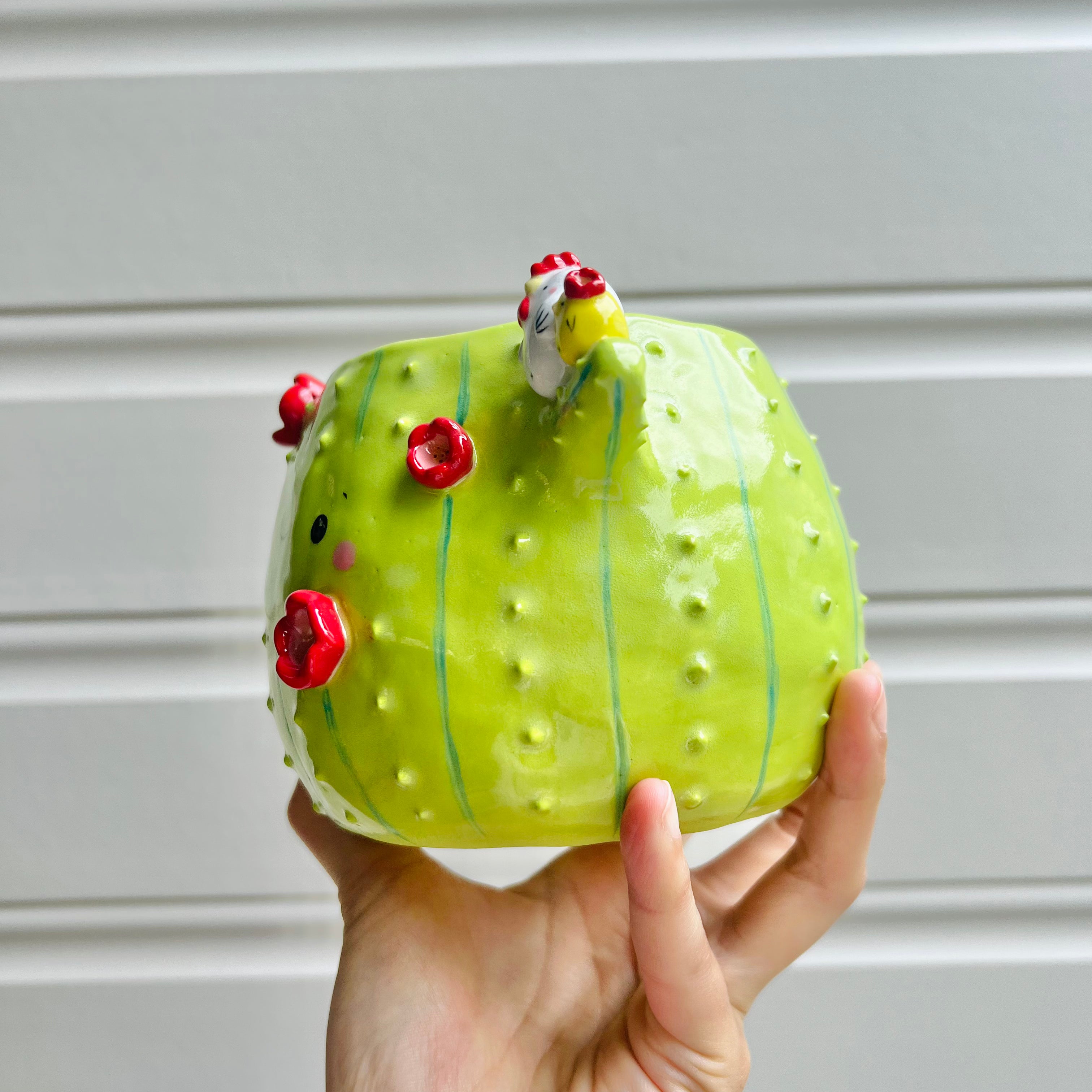 Flowery cactus pot with cat and chicken friends