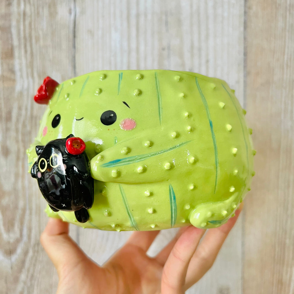 Flowery cactus pot with black cat friend, photo 3 of 7