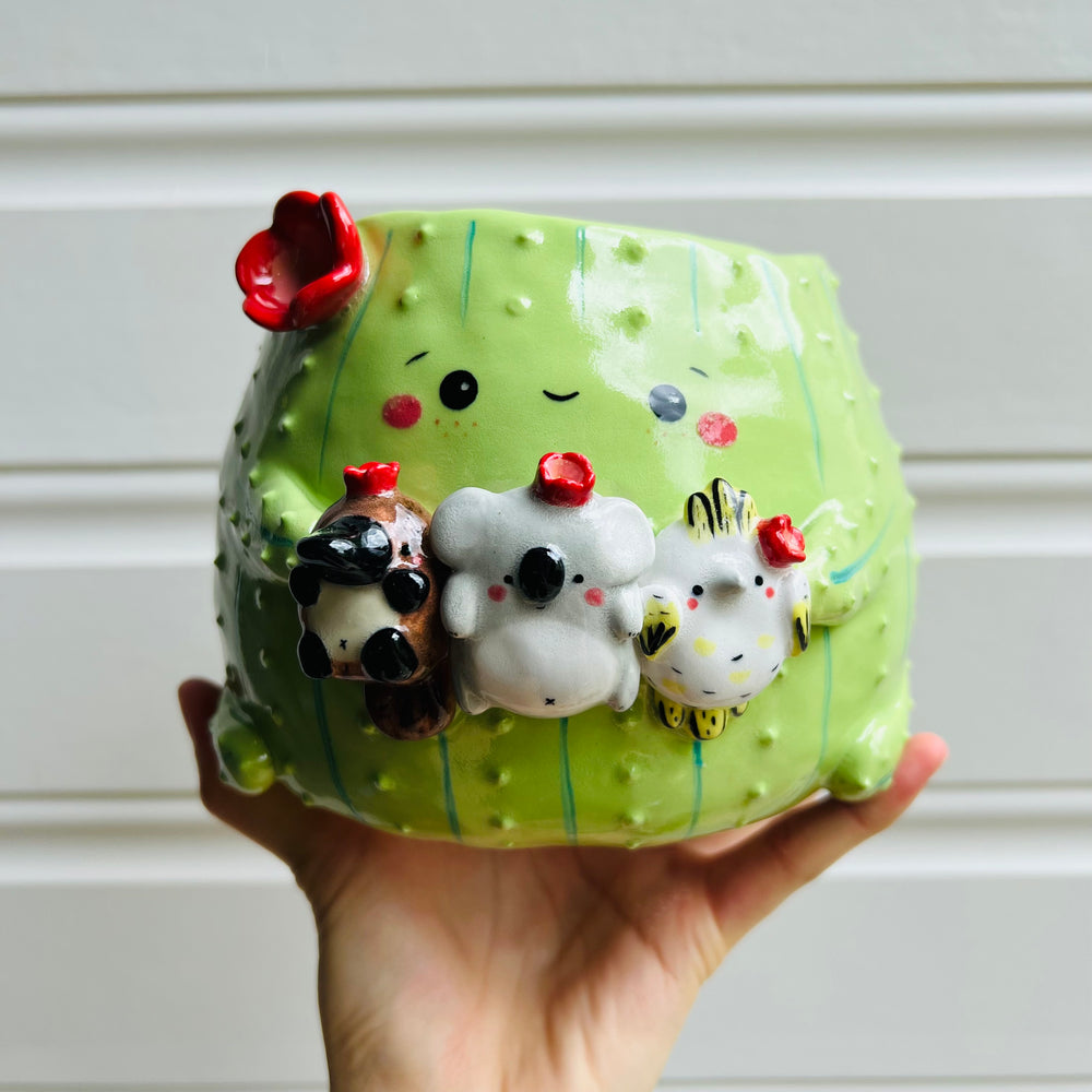 LARGE flowery Cactus pot with Aussie animal friends, photo 1 of 6