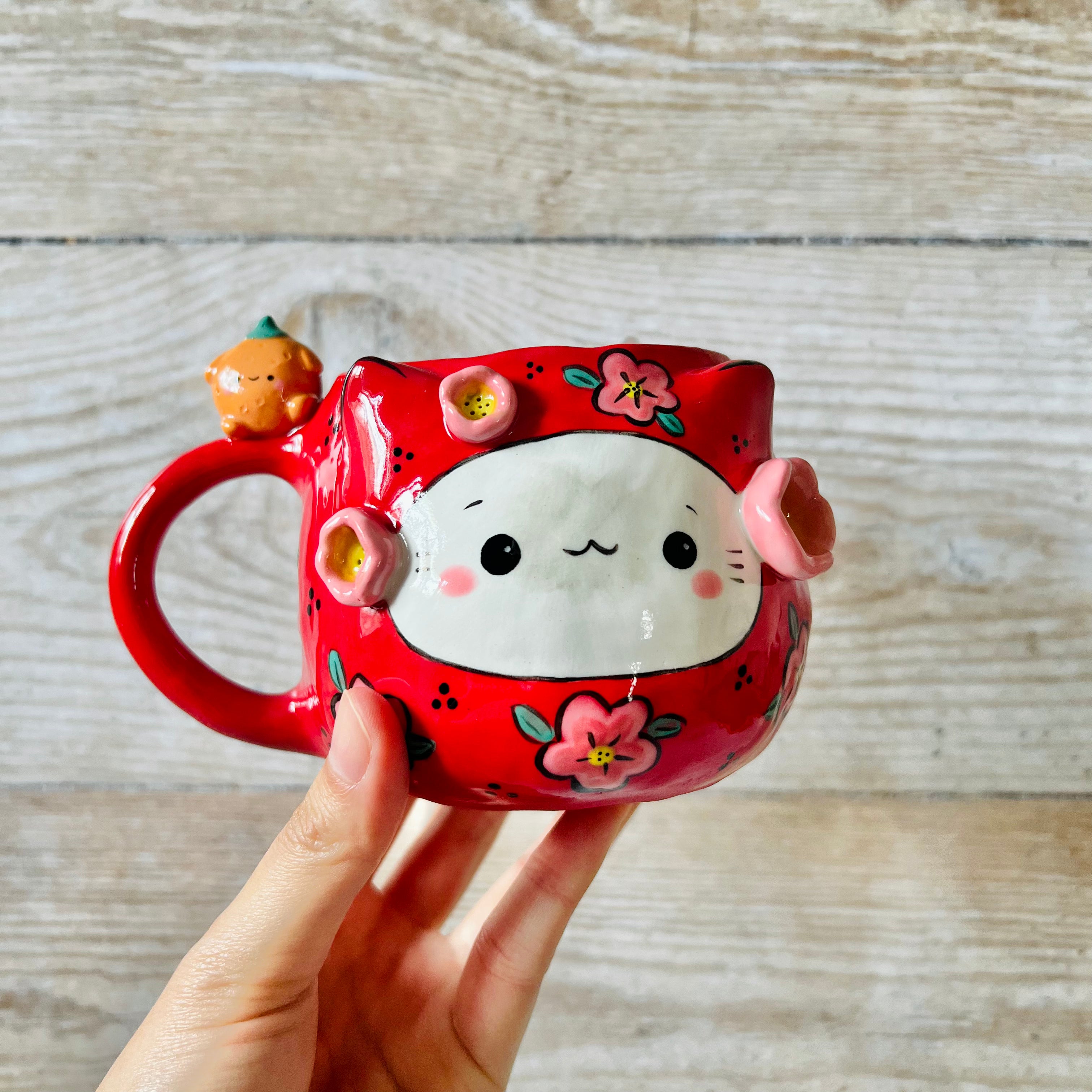 LNY DARUMA CAT MUG with mandarin friend