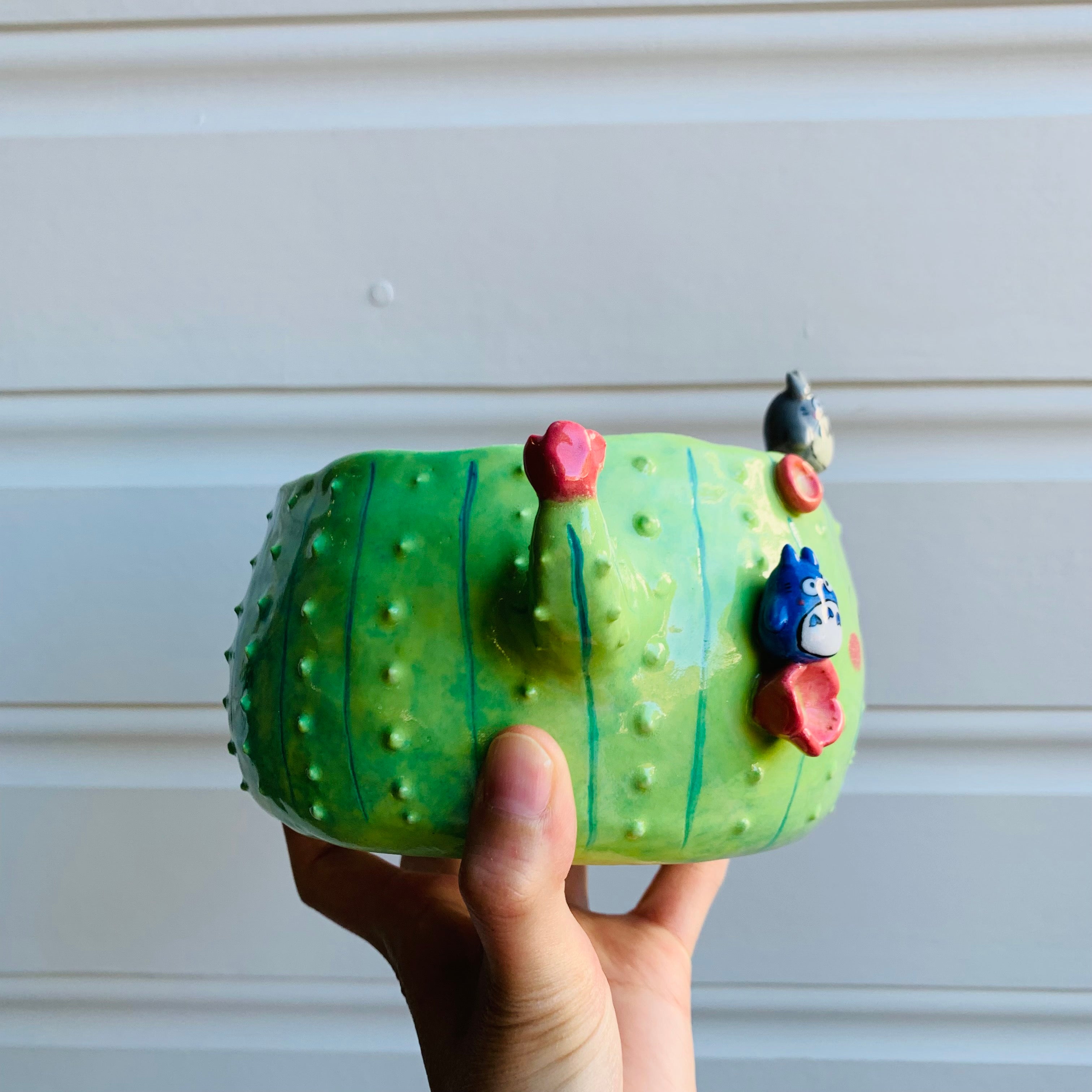 Dark green flowery cactus pot with Totoro friends