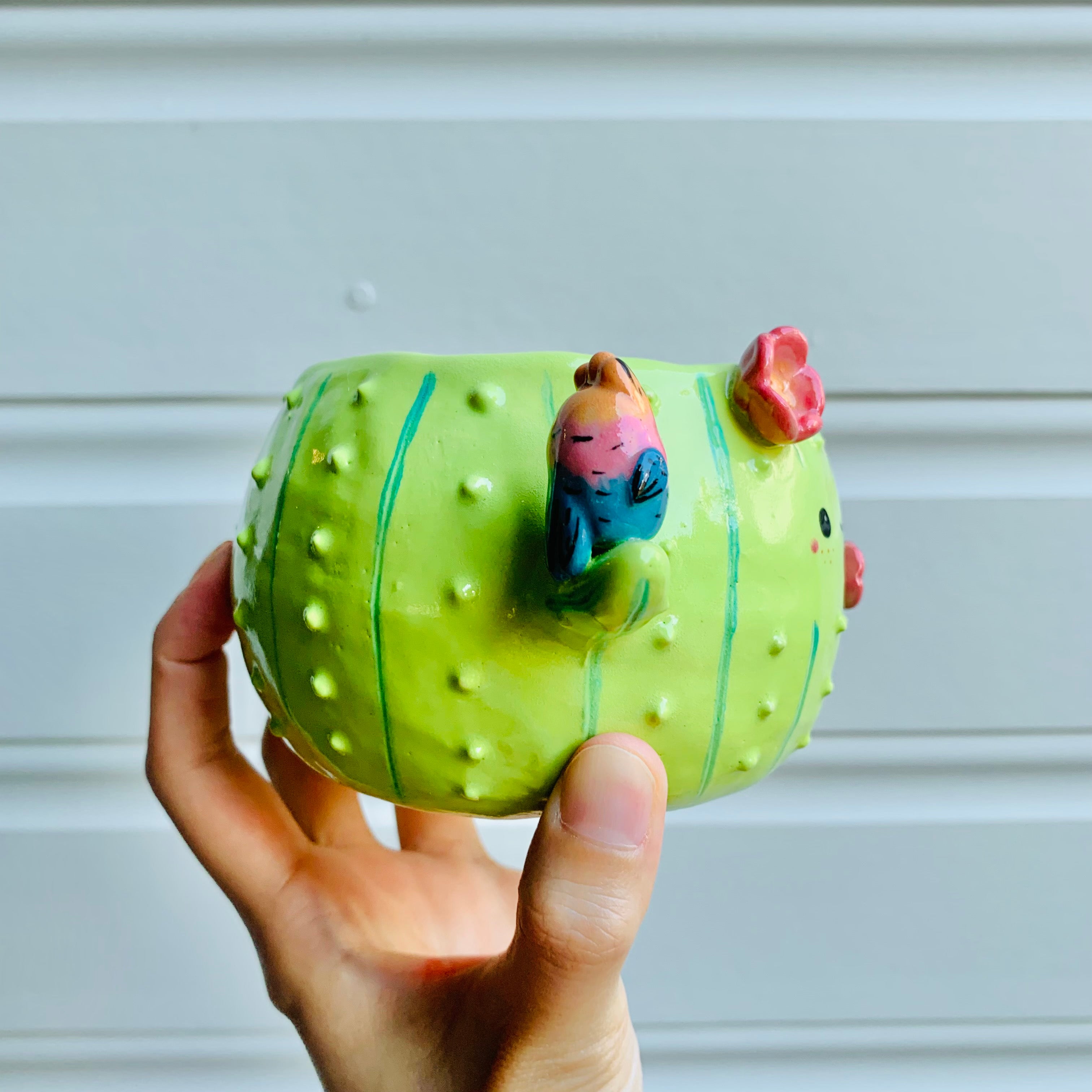 Flowery cactus pot with bird friends