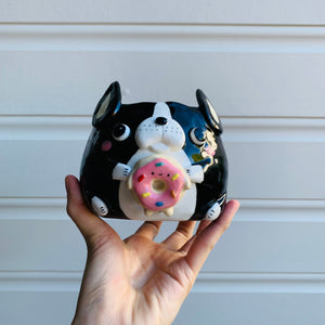 Boston terrier pot with donut friend