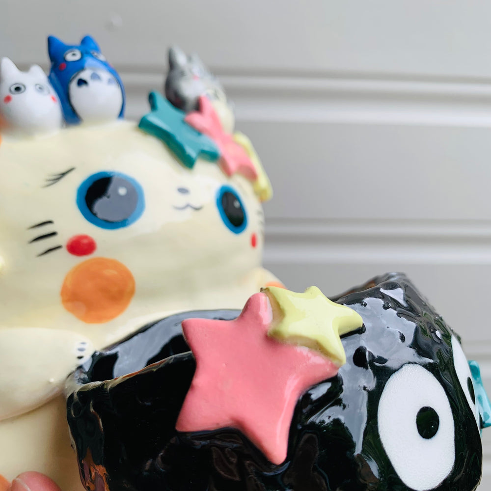 2 in 1 Spotty ginger cat and soot sprite pot with Totoro friends, photo 5 of 16