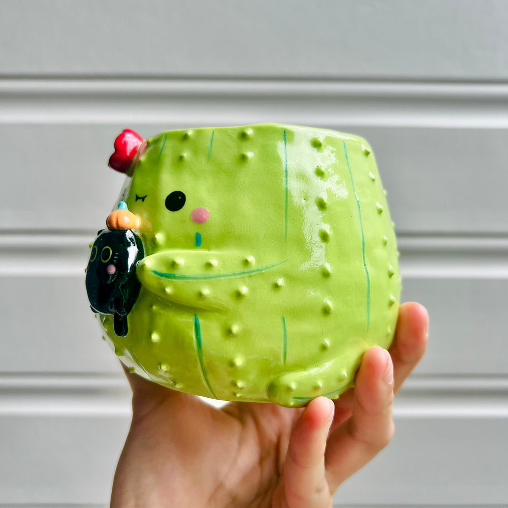 Halloween cactus pot with black cat friend, photo 2 of 6
