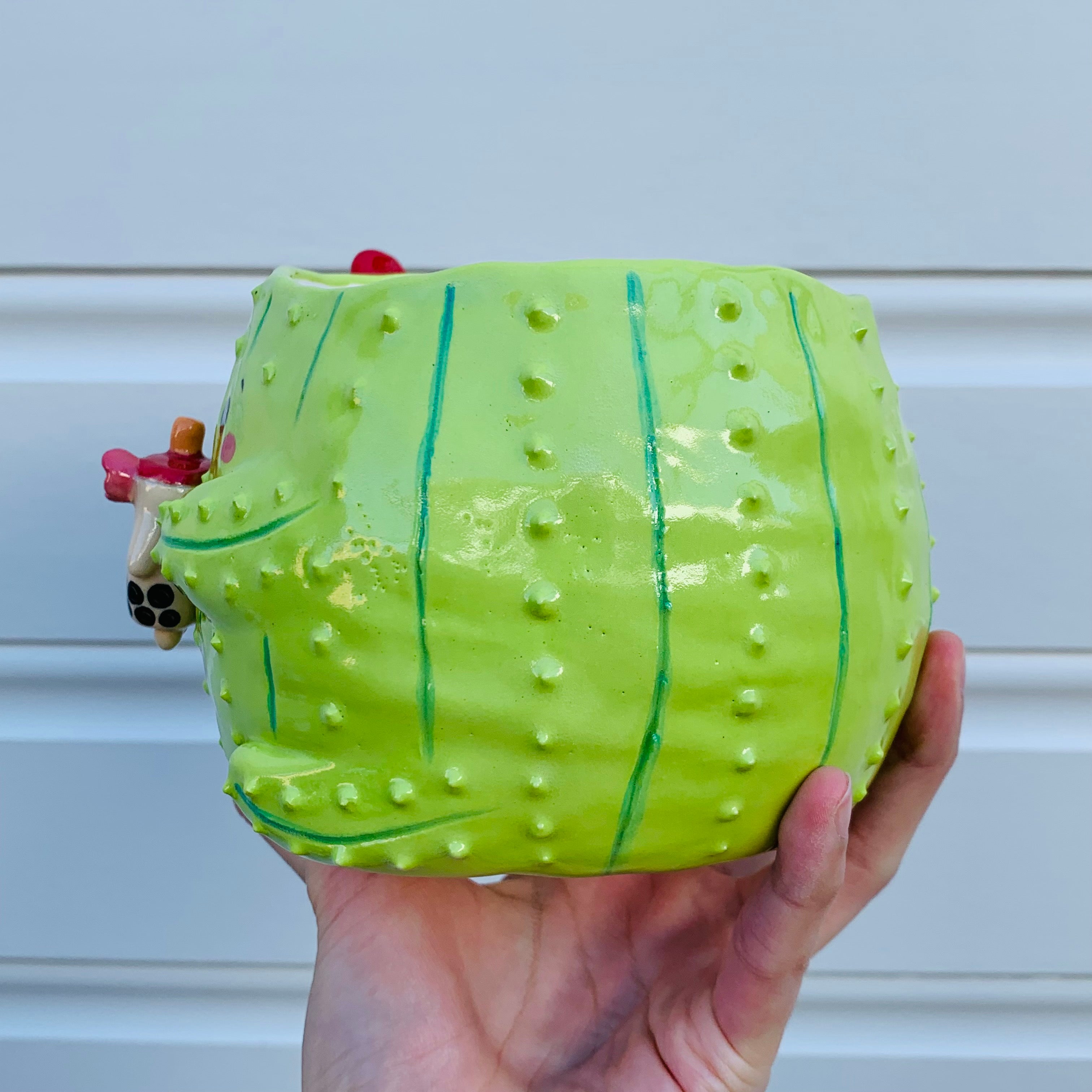 Light green flowery cactus with bubble tea planter