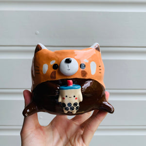 Red panda pot with bubble tea friend