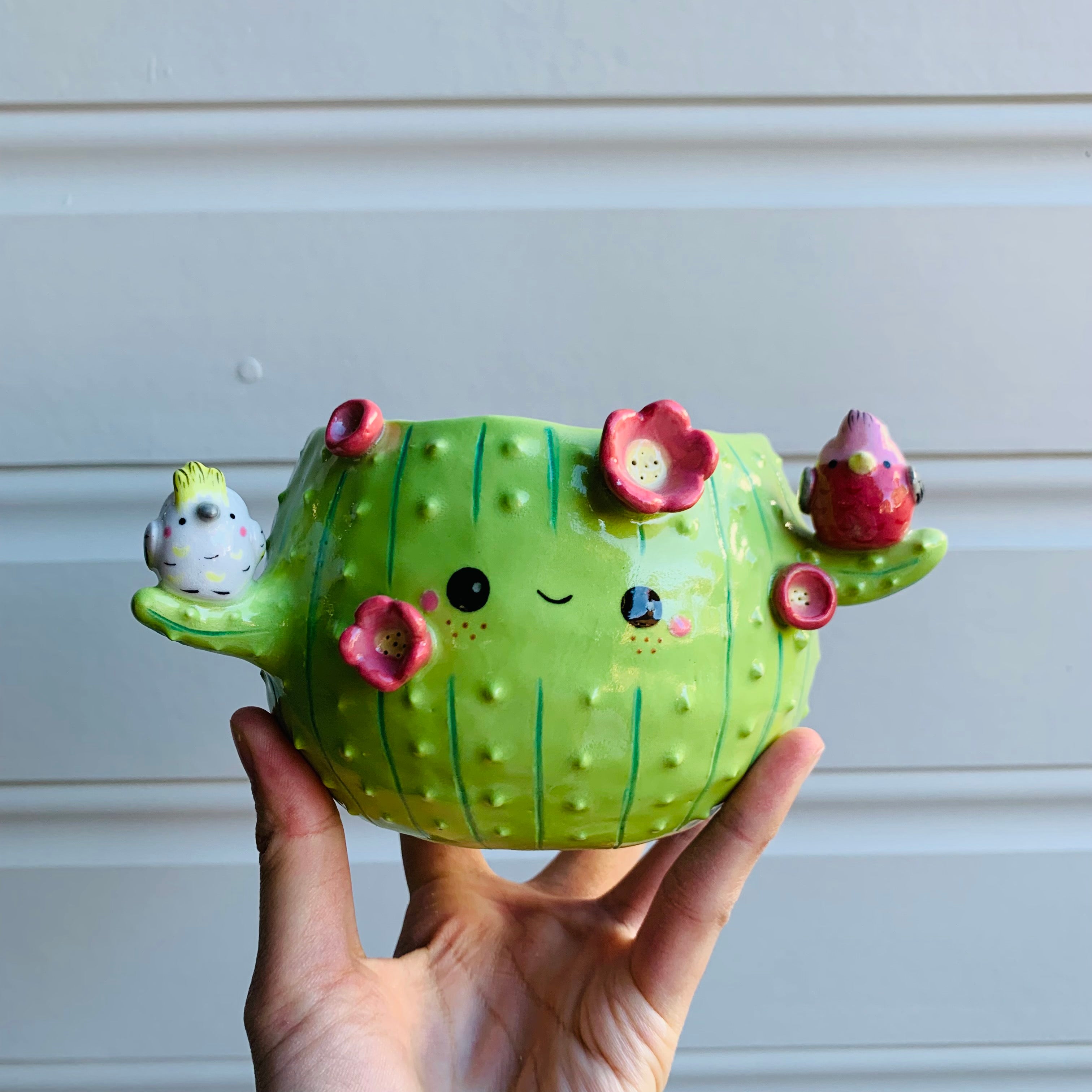 Light green flowery cactus pot with Aussie bird friends